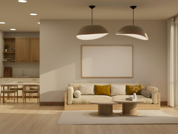 Luxury contemporary living room interior design in white and wood style with a kitchen in the back